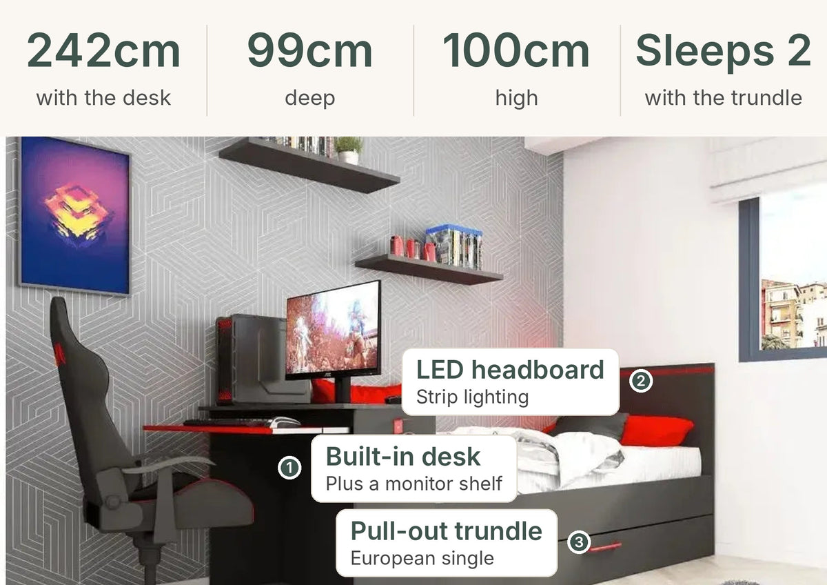 B-Zone gaming bed sizes: 242cm with the desk, 99cm deep, 100cm high, sleeps 2 with the trundle