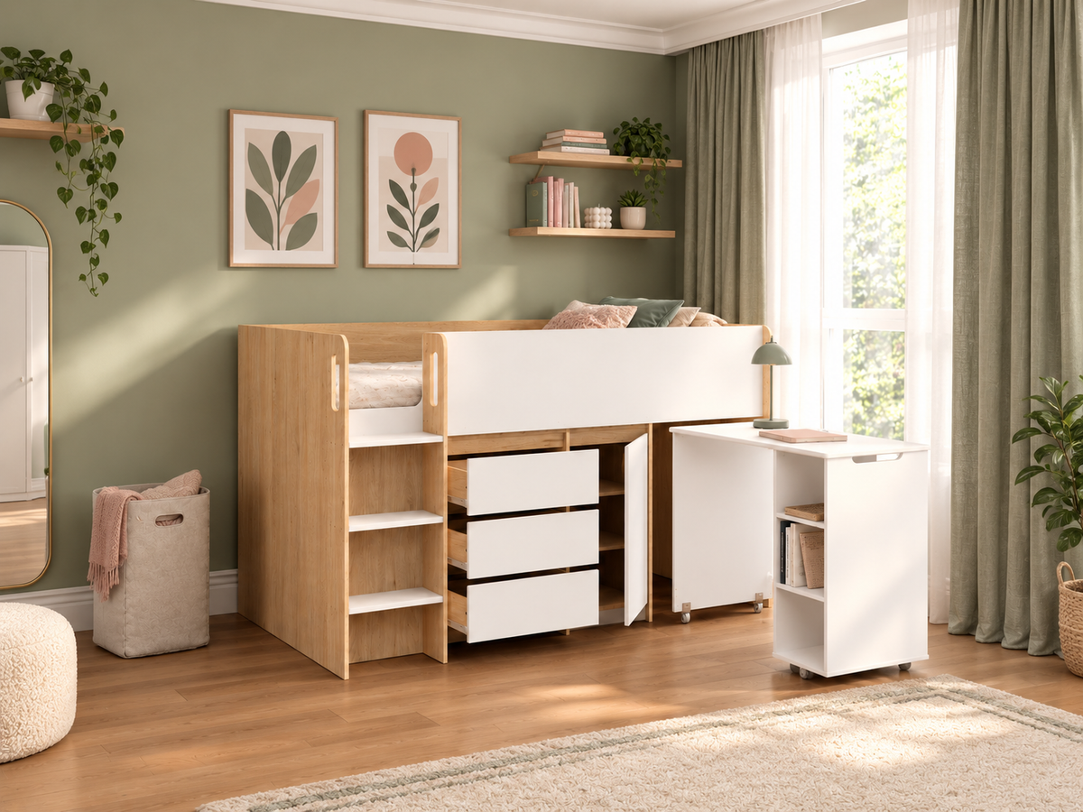 Ludlow Mid Sleeper in oak effect with the drawers and cupboard open and the desk pulled out
