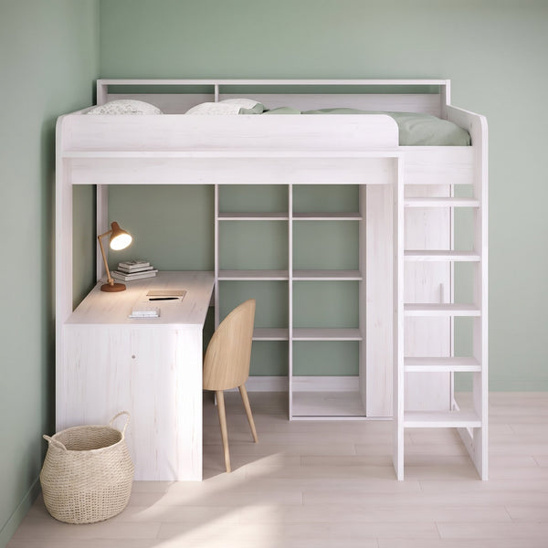 Berkeley high sleeper seen from the front, with the desk, 2 x 4 shelving, wardrobe and fixed ladder underneath, in a sage green bedroom