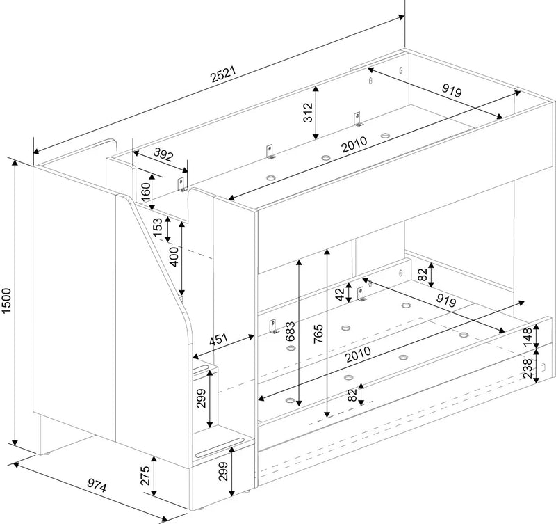 Kew Staircase Bunk Bed with Trundle & Storage dimensions