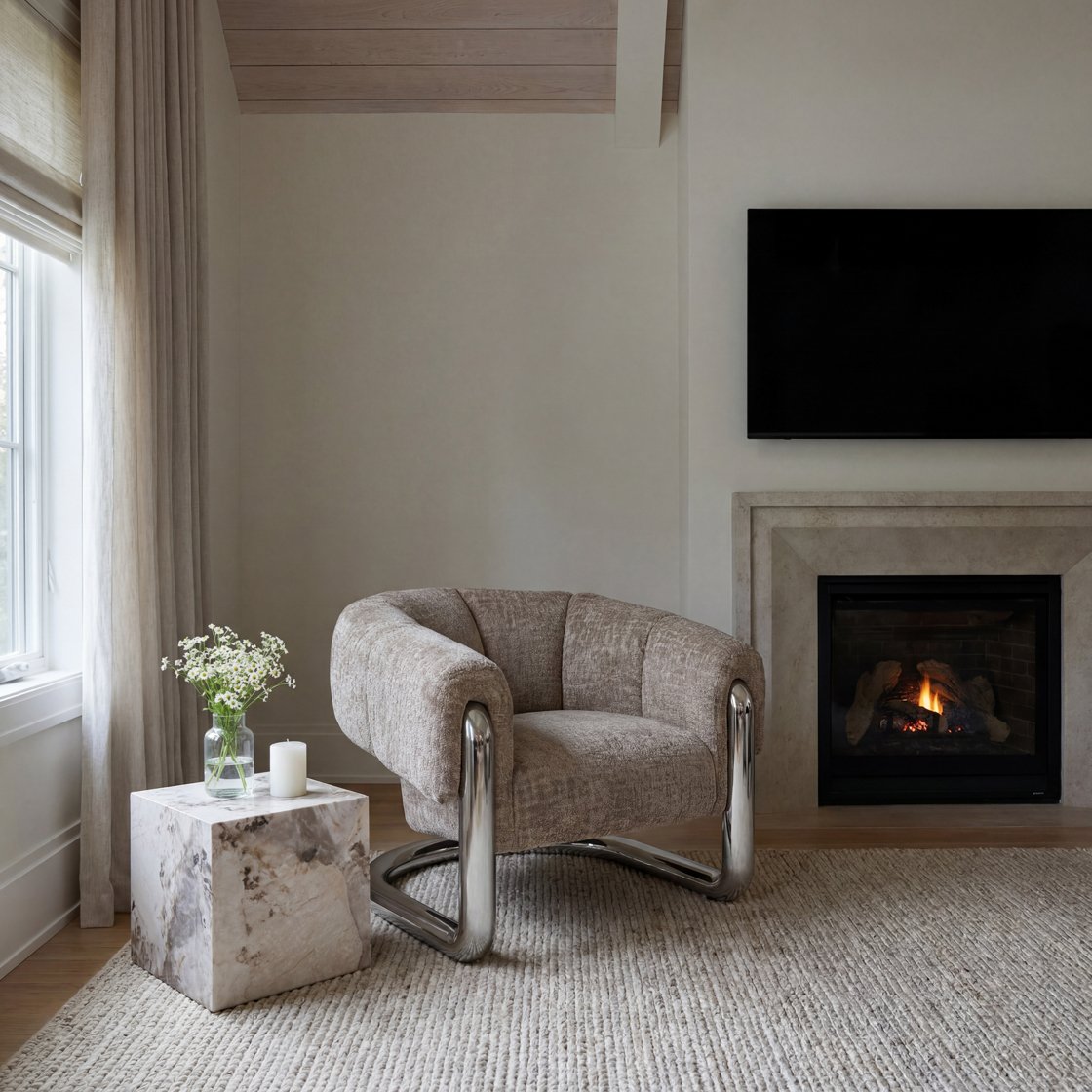 Cheyne chenille cantilever armchair with tubular steel frame