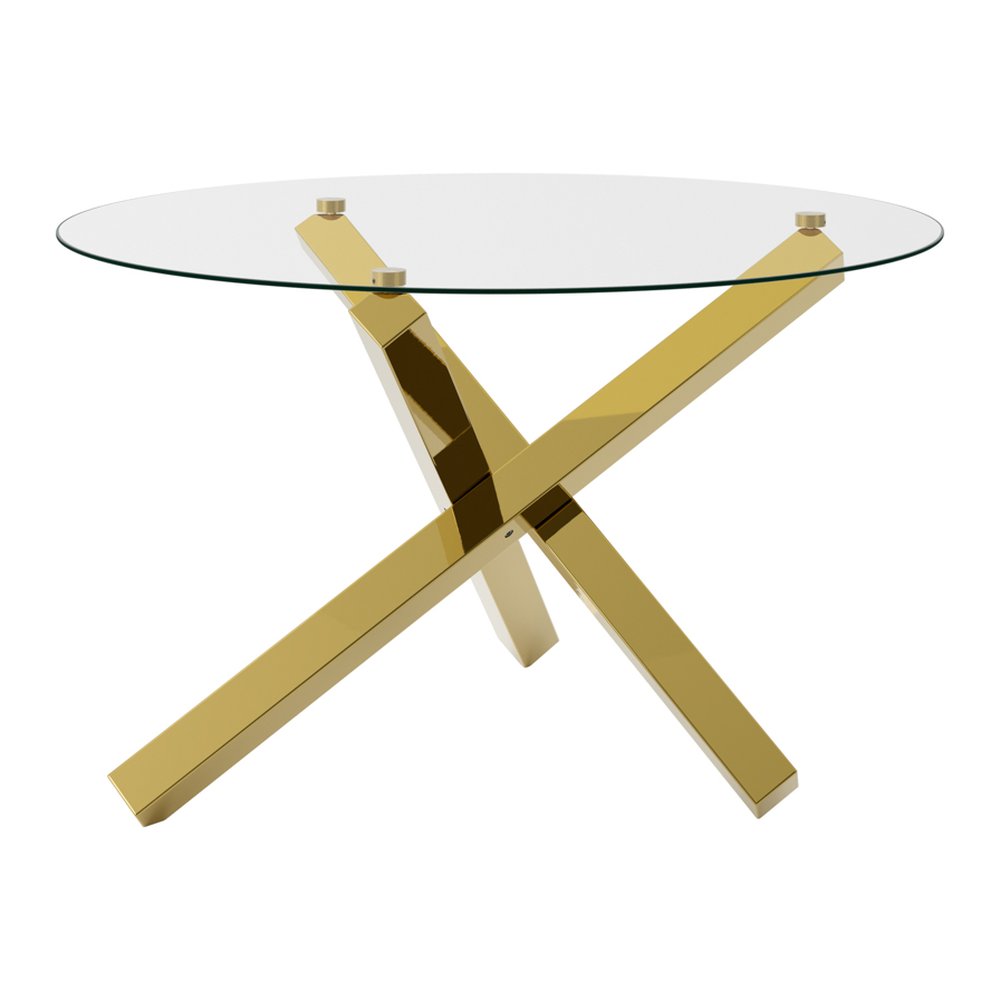 Chilham glass top dining table with metal legs in Clear and Gold