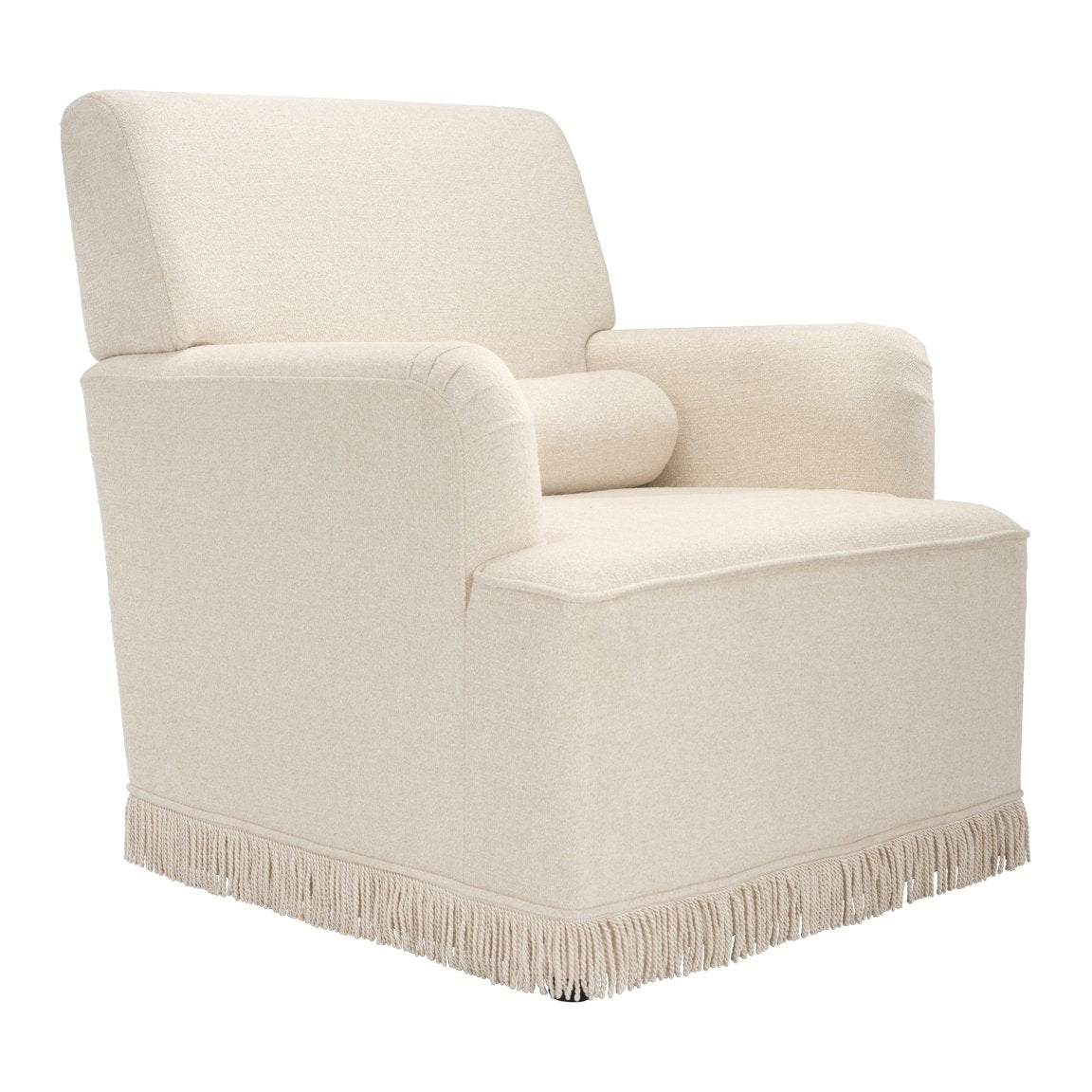 Clarendon fringed velvet armchair with bolster cushion in Crema