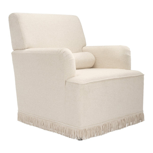 Clarendon fringed velvet armchair with bolster cushion in Crema