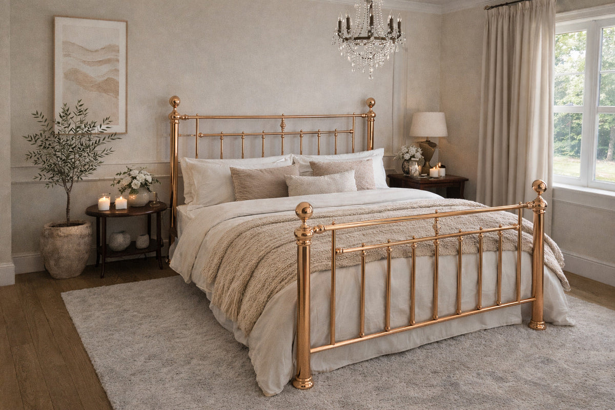 Clarendon Rose Gold Metal Bed Frame in Rose Gold - side view