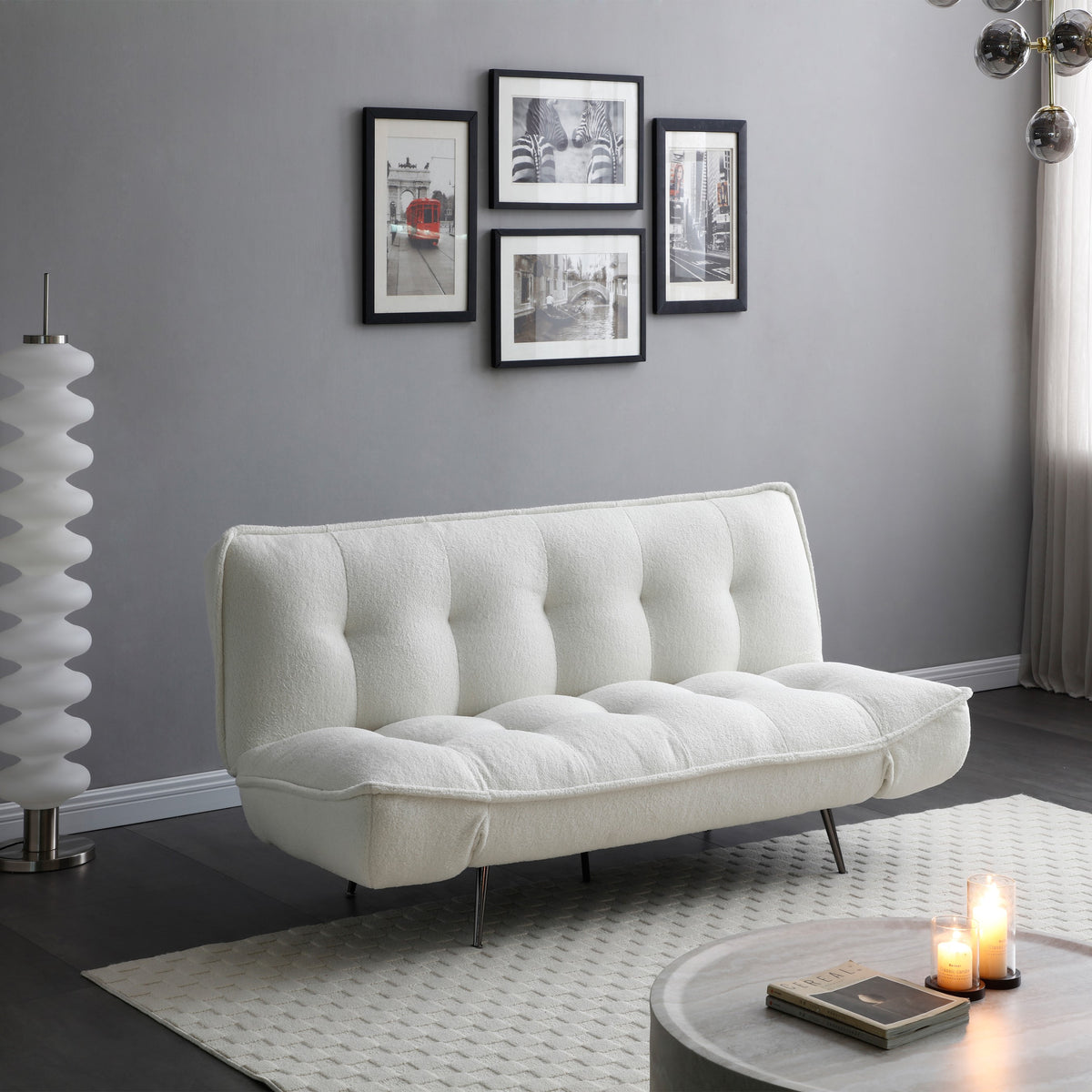 Cleveley Three Seater Click-Clack Sofa Bed in Cream Sherpa – product view 2