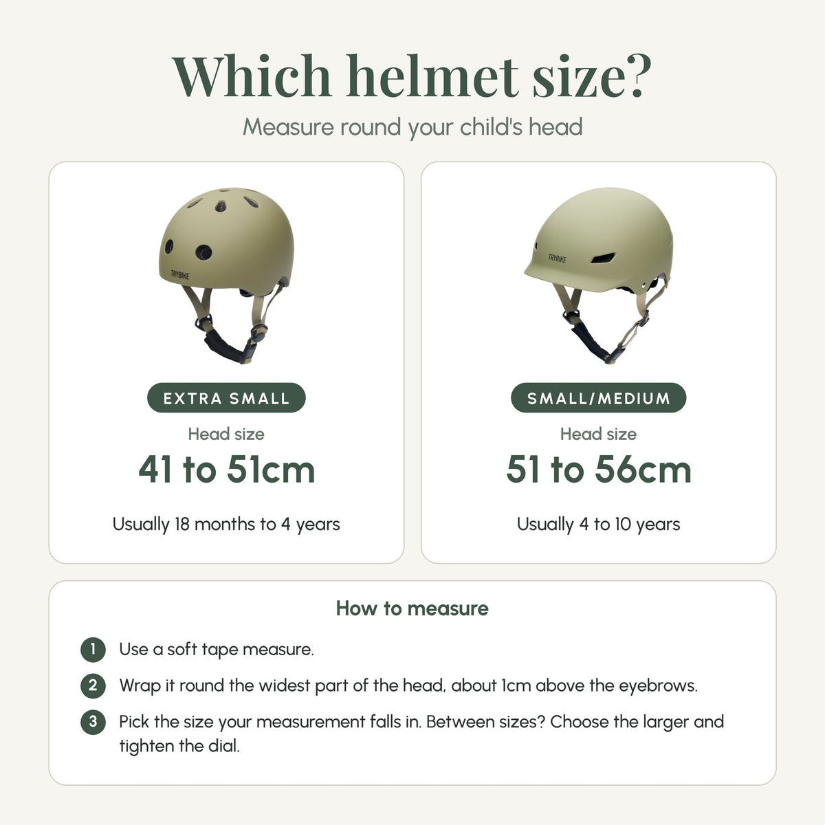 CoConuts helmet sizes: Extra Small for heads of 41 to 51cm, Small/Medium for 51 to 56cm