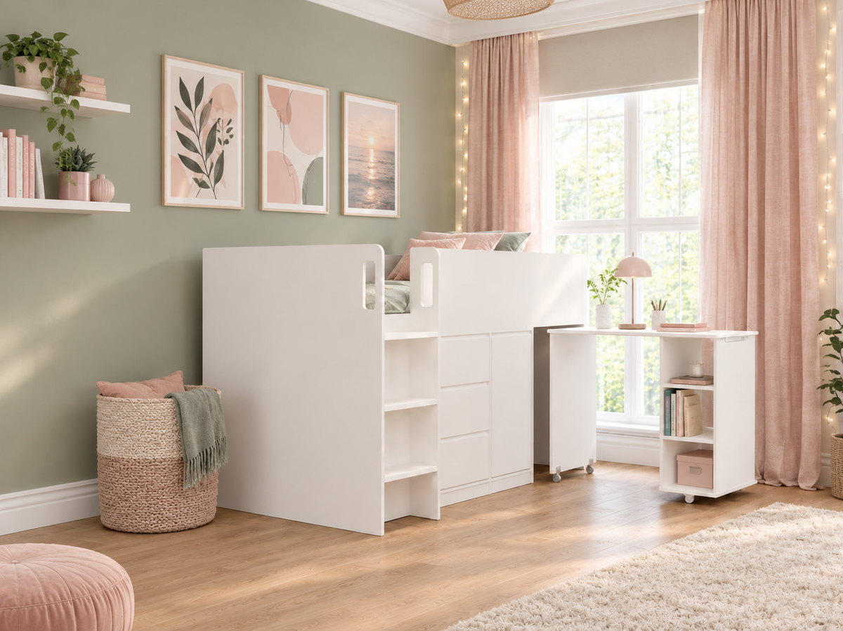 Ludlow Mid Sleeper in white from the ladder end, with the desk pulled out