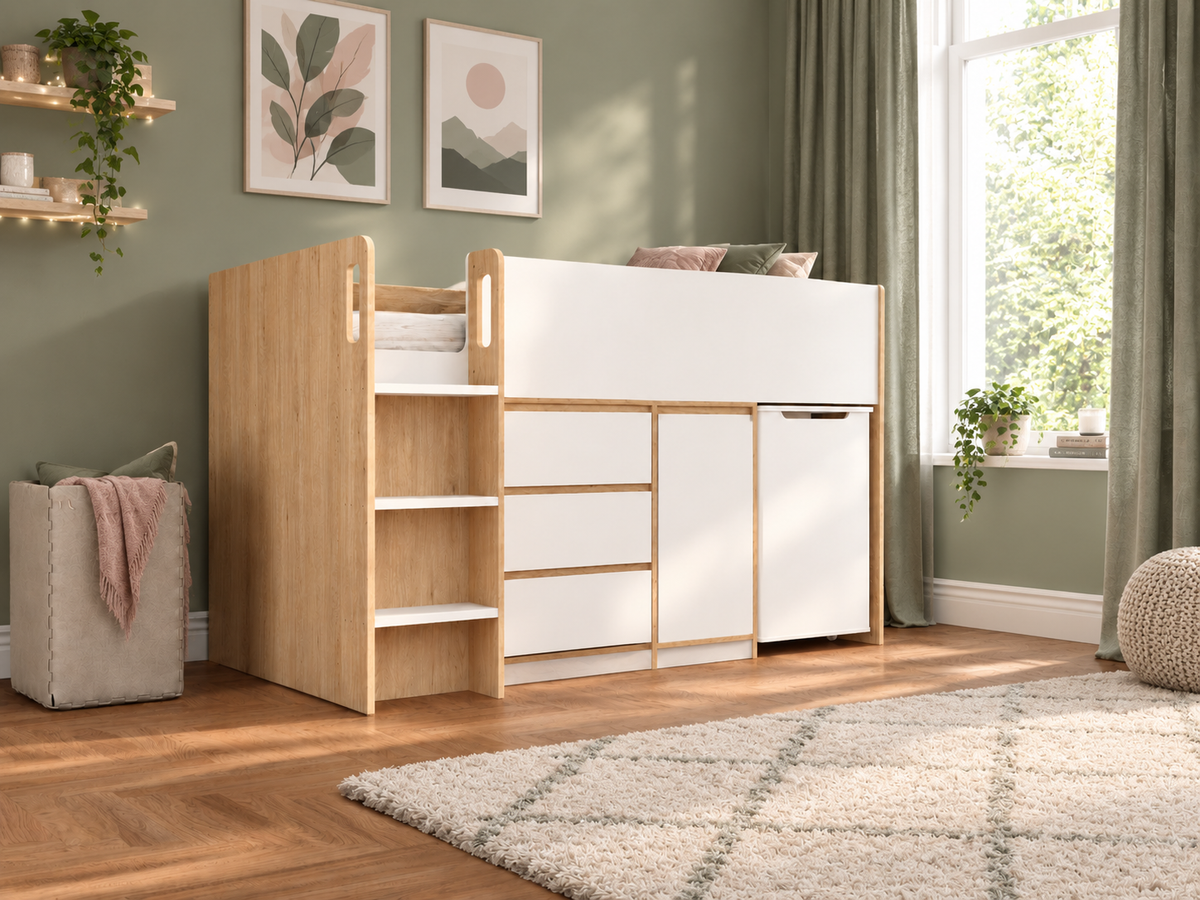 Ludlow Mid Sleeper in oak effect with white fronts, from the ladder end