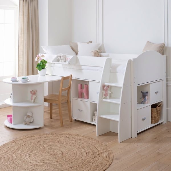 Eli white mid sleeper with the desk pulled out and two storage units with white doors