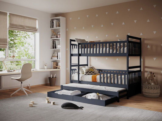 Elvis Grey Wooden Bunk Bed with Trundle and Drawers
