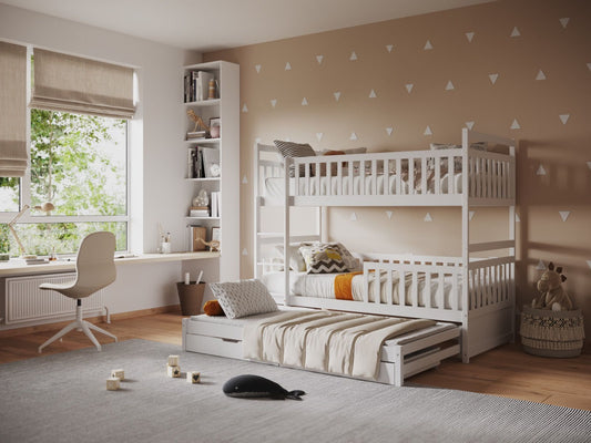 Elvis White Wooden Bunk Bed with Trundle and Drawers
