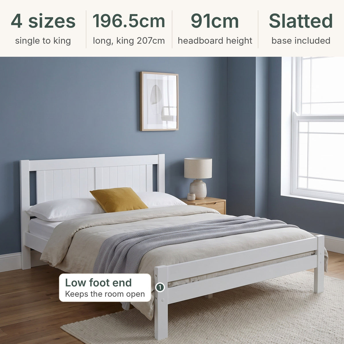 Elysian bed sizes: 4 sizes from single to king, 196.5cm long (king 207cm), 91cm headboard height, slatted base included, low foot end