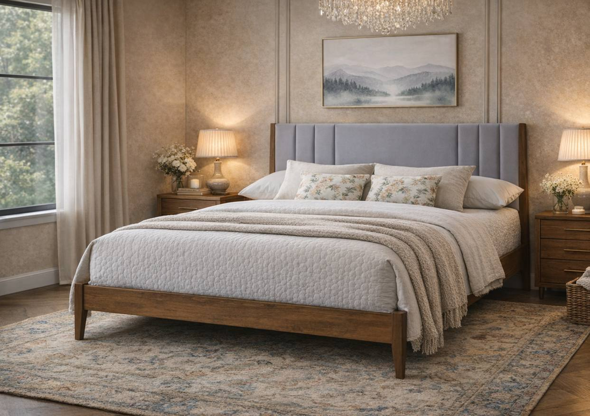 Eversley Velvet and Wood Bed Frame in Light Grey