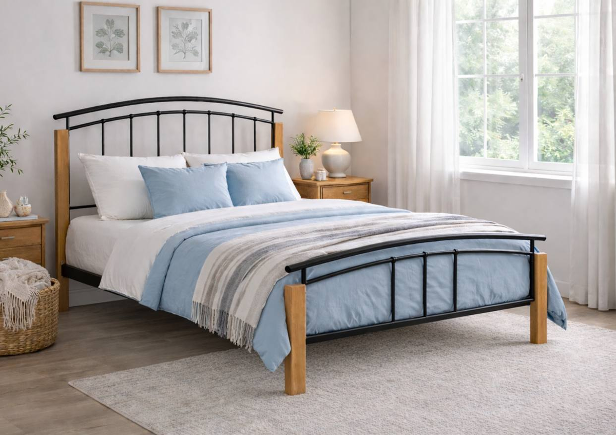 Fenwick Metal and Wood Bed Frame in Black and Beech