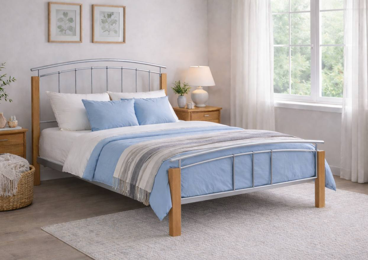 Fenwick Metal and Wood Bed Frame in Silver and Beech