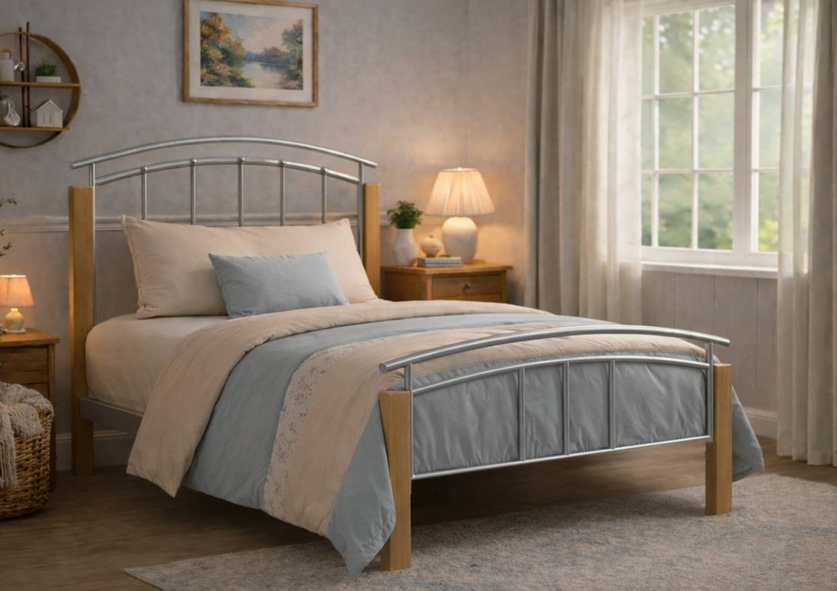 Fenwick Metal and Wood Bed Frame in Silver and Beech - single size