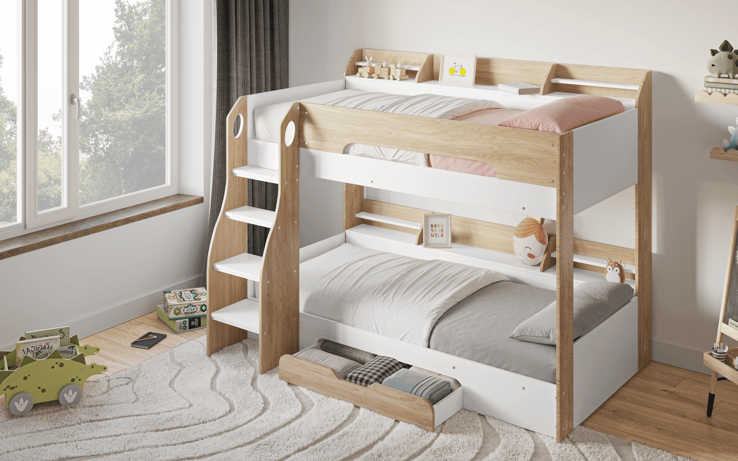 Flick Bunk Bed with Storage Drawer & Shelves - Millie & Jones