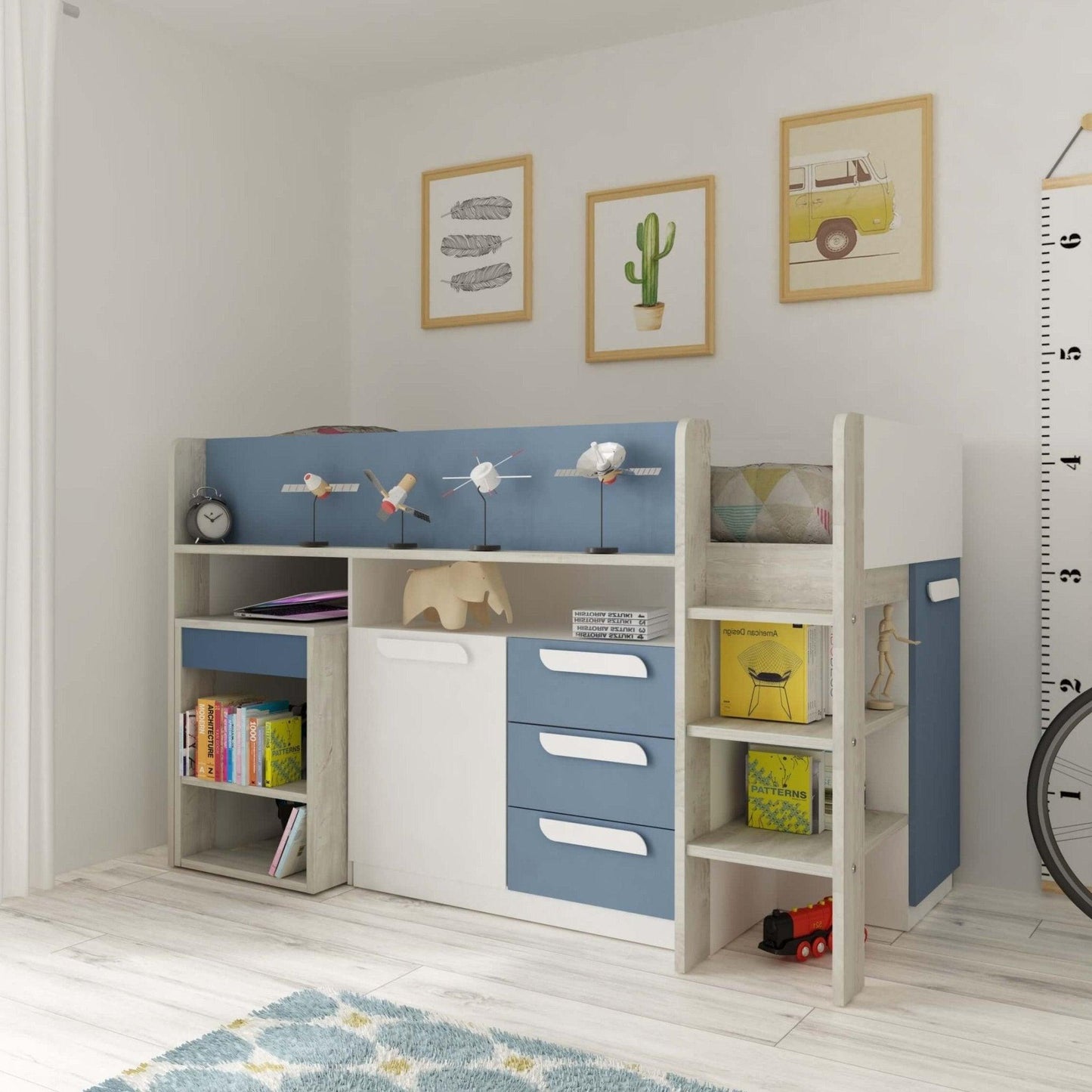 Girona Mid Sleeper Bed with Pull Out Desk, Cupboard & Drawers - Millie & Jones
