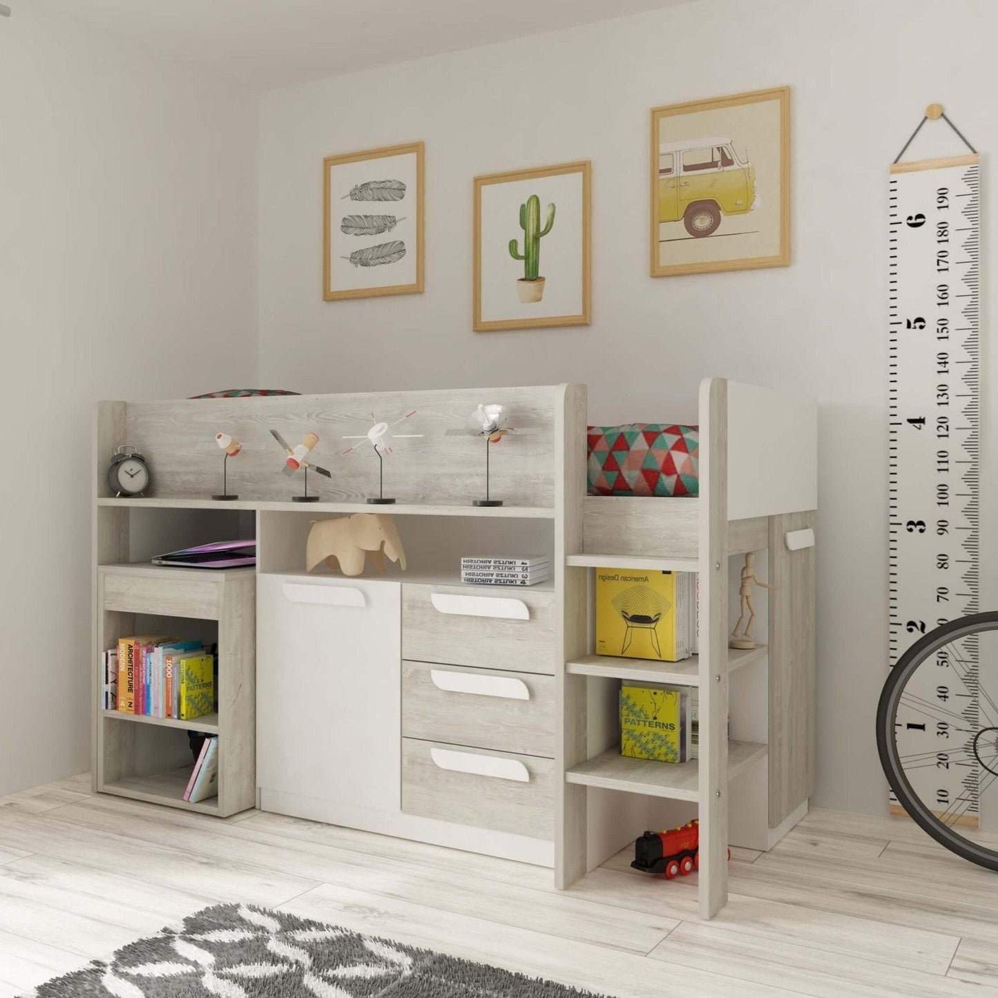 Girona Mid Sleeper Bed with Pull Out Desk, Cupboard & Drawers - Millie & Jones