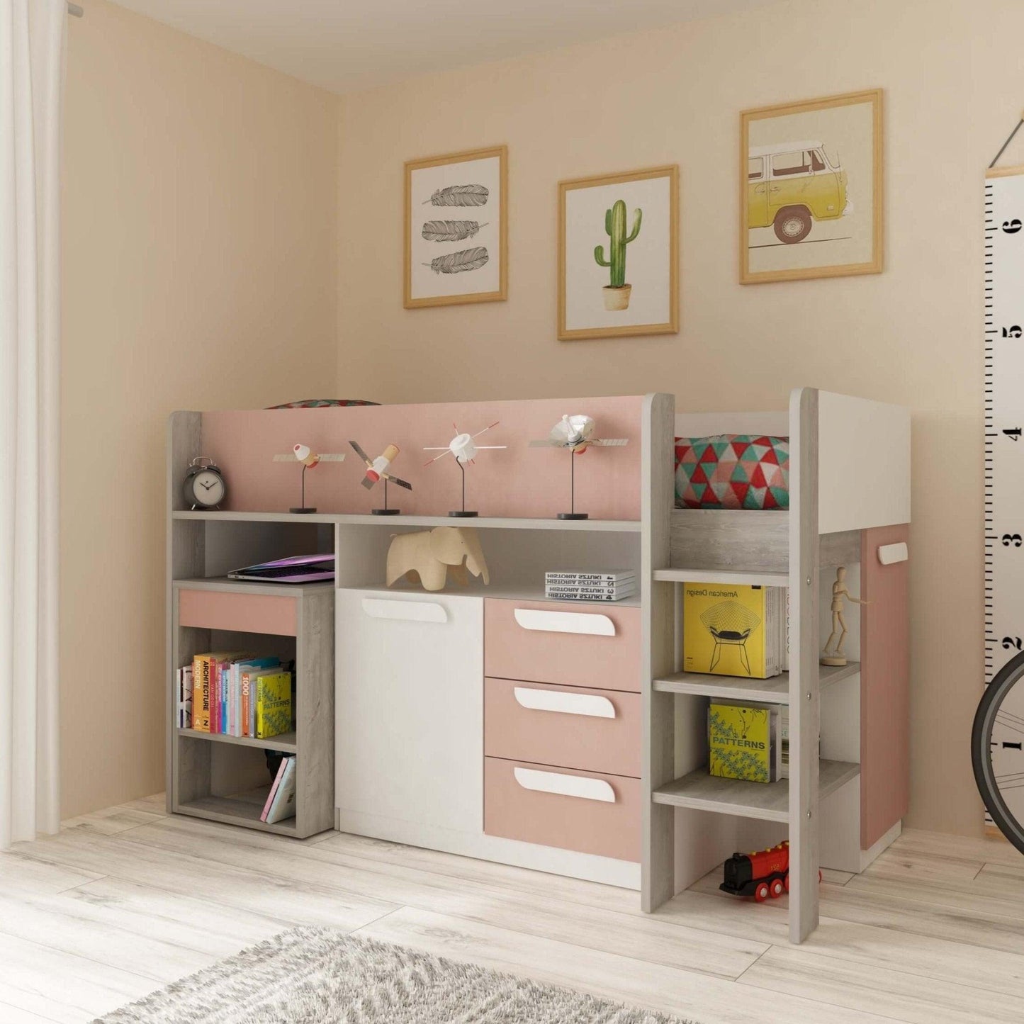 Girona Mid Sleeper Bed with Pull Out Desk, Cupboard & Drawers - Millie & Jones