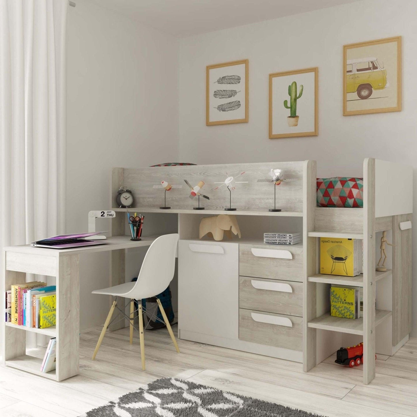 Girona Mid Sleeper Bed with Pull Out Desk, Cupboard & Drawers - Millie & Jones