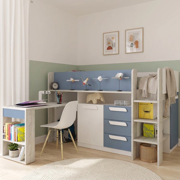 Girona mid sleeper in blue with the desk pulled out, a white cupboard, three blue drawers and a ladder with shelves