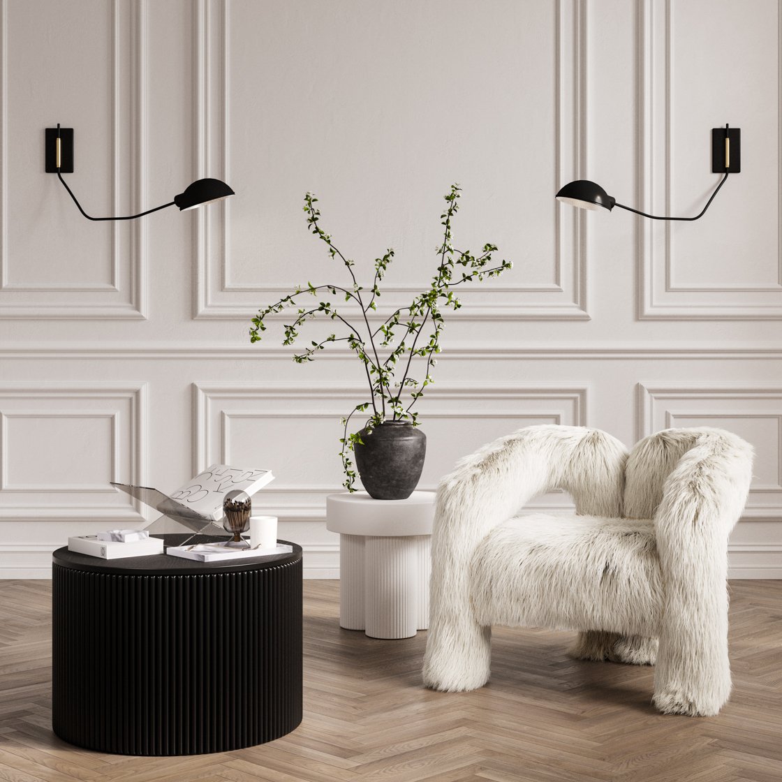 Hanover faux fur accent chair with three-leg base