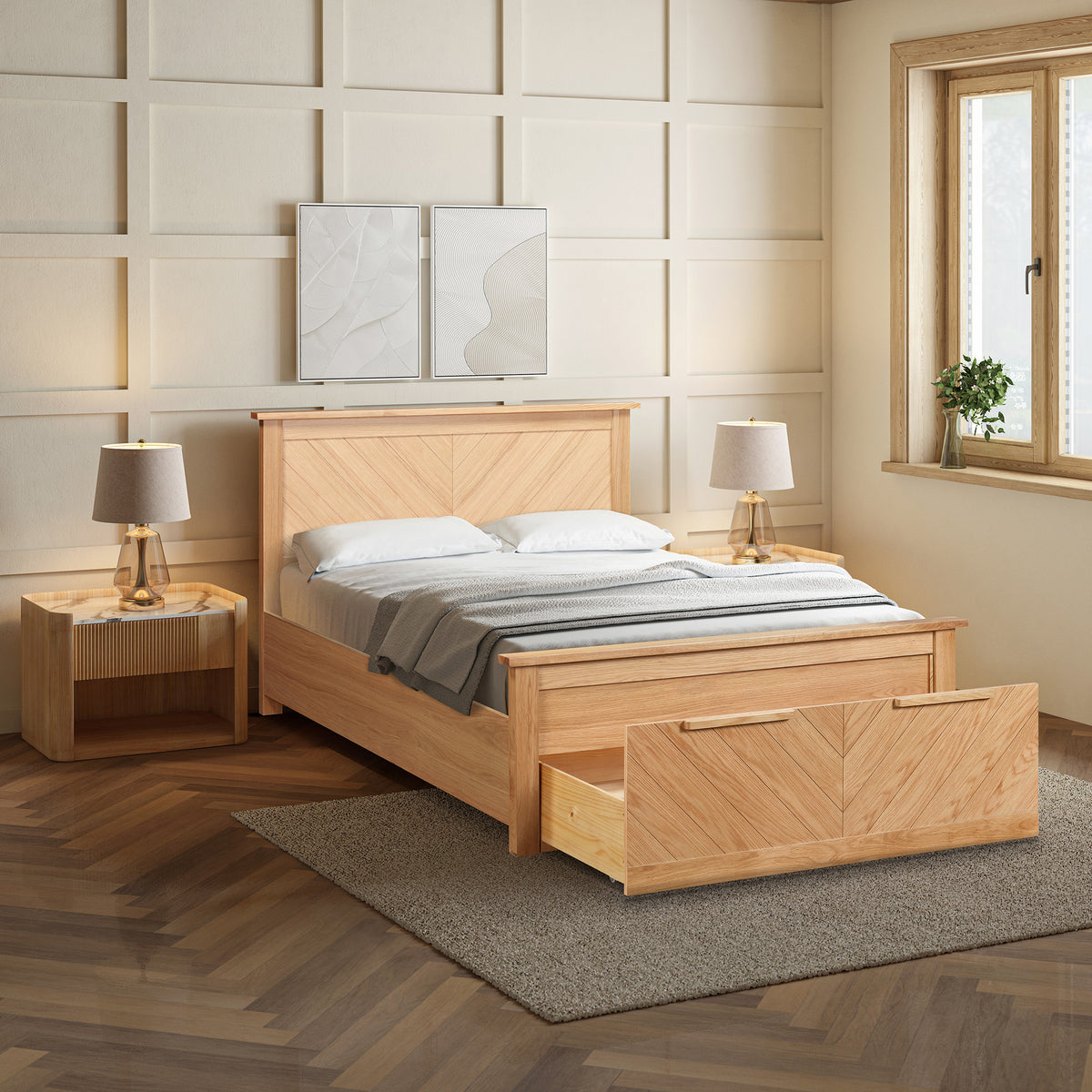 Harbury Chevron Oak Bed with Storage Drawers in Oak – product view 1
