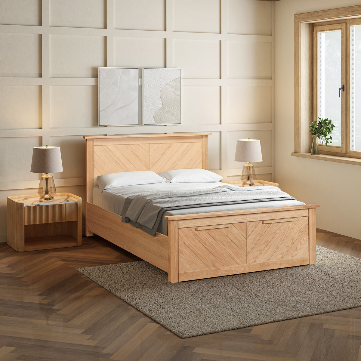 Harbury Chevron Oak Bed with Storage Drawers in Oak – product view 2