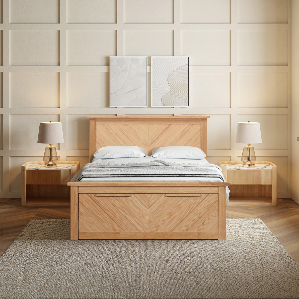 Harbury Chevron Oak Bed with Storage Drawers in Oak – product view 3