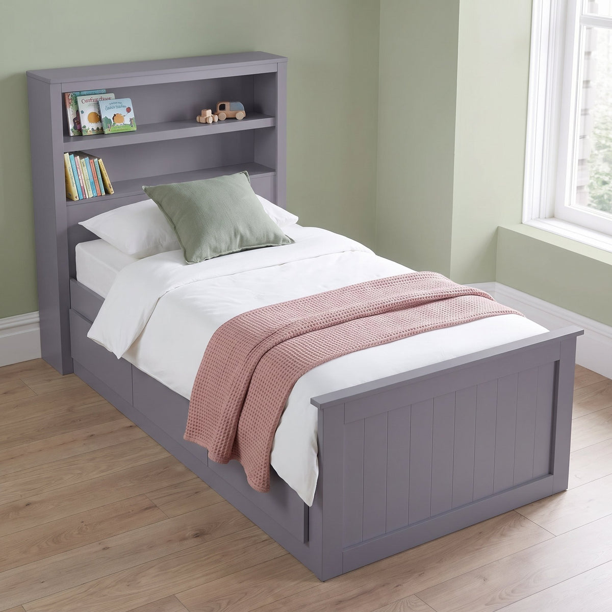 Hartley grey bookcase storage bed from above, with books on the two headboard shelves