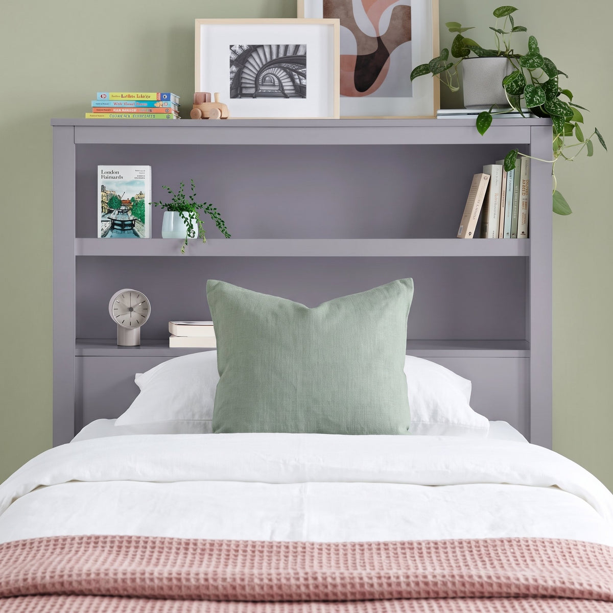 Bookcase headboard of the Hartley grey bed, with two built-in shelves
