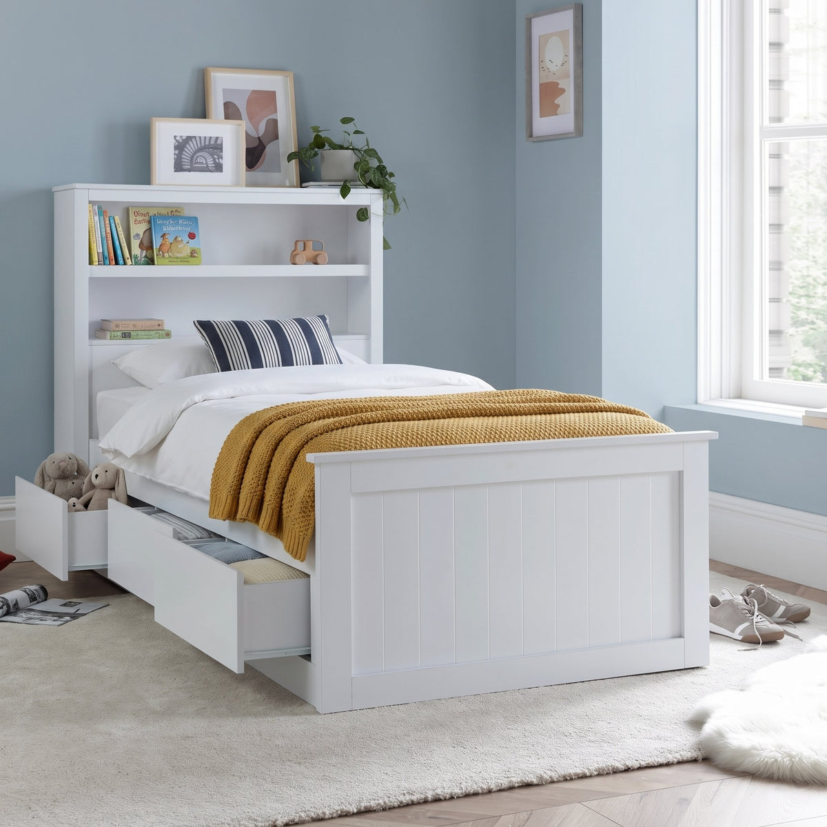 Hartley white storage bed with two drawers open