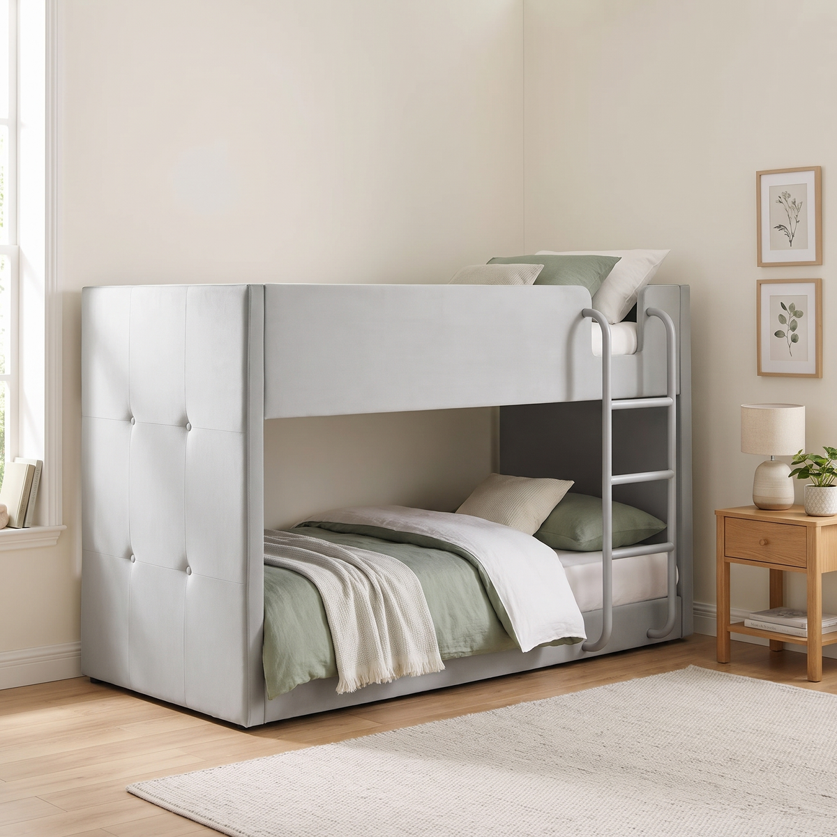 Hadleigh velvet low bunk bed in grey, angled view in a light children's bedroom