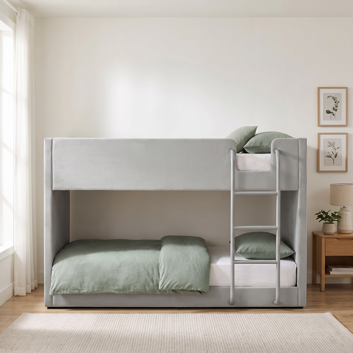 Hadleigh velvet low bunk bed in grey, front view with the ladder on the right