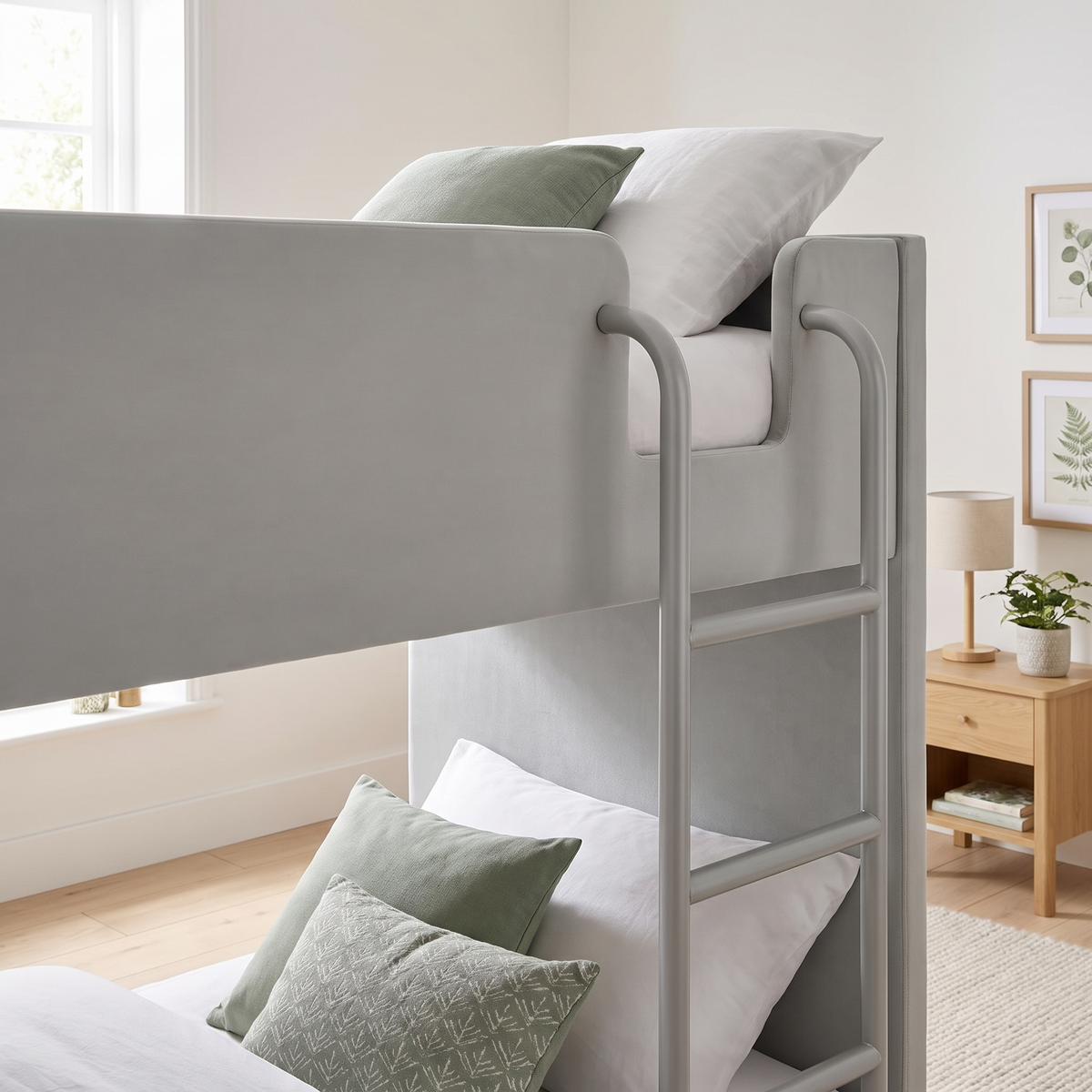 Close-up of the curved metal ladder hooking over the grey velvet guard rail