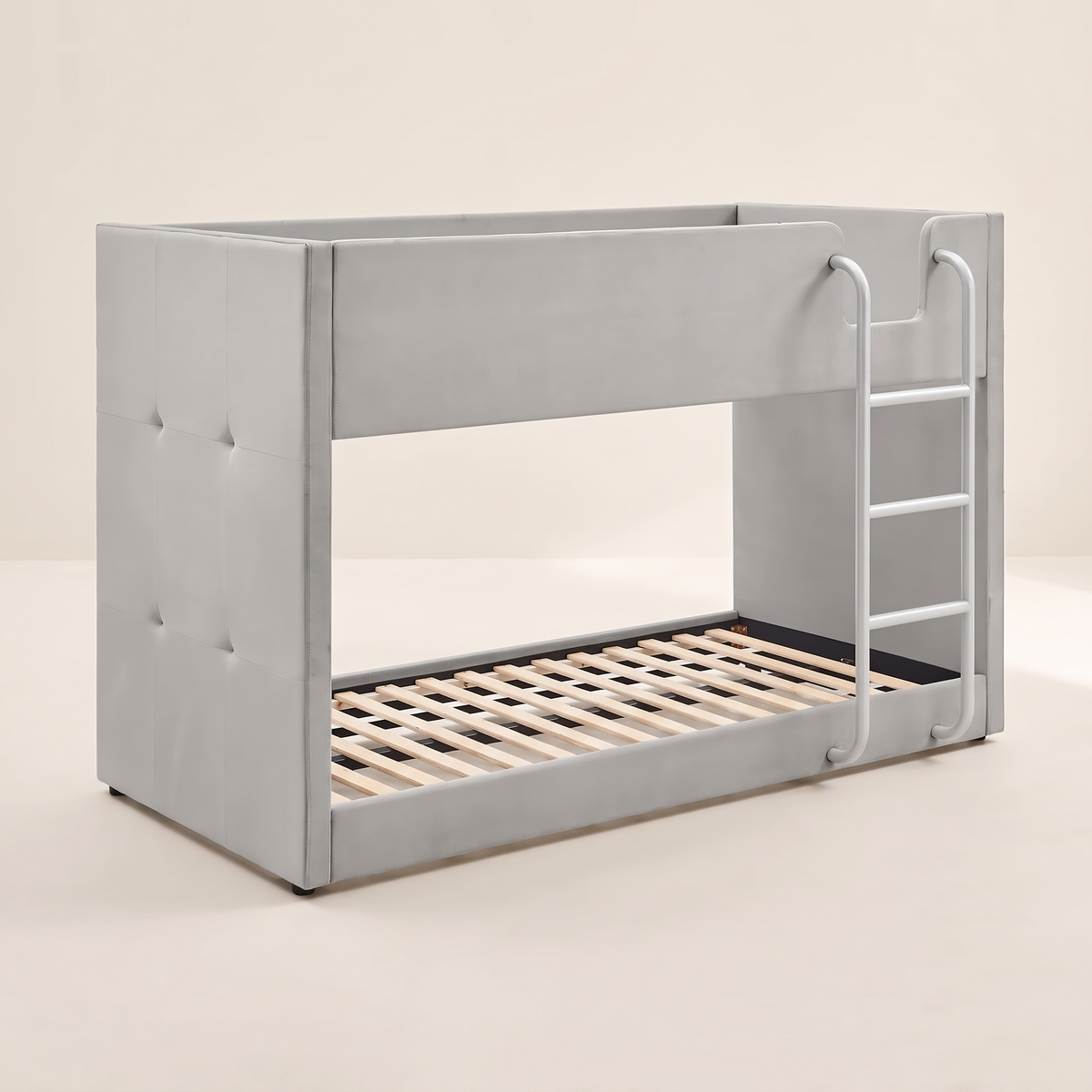 Hadleigh grey velvet bunk bed on a plain background, showing the slatted bottom bunk