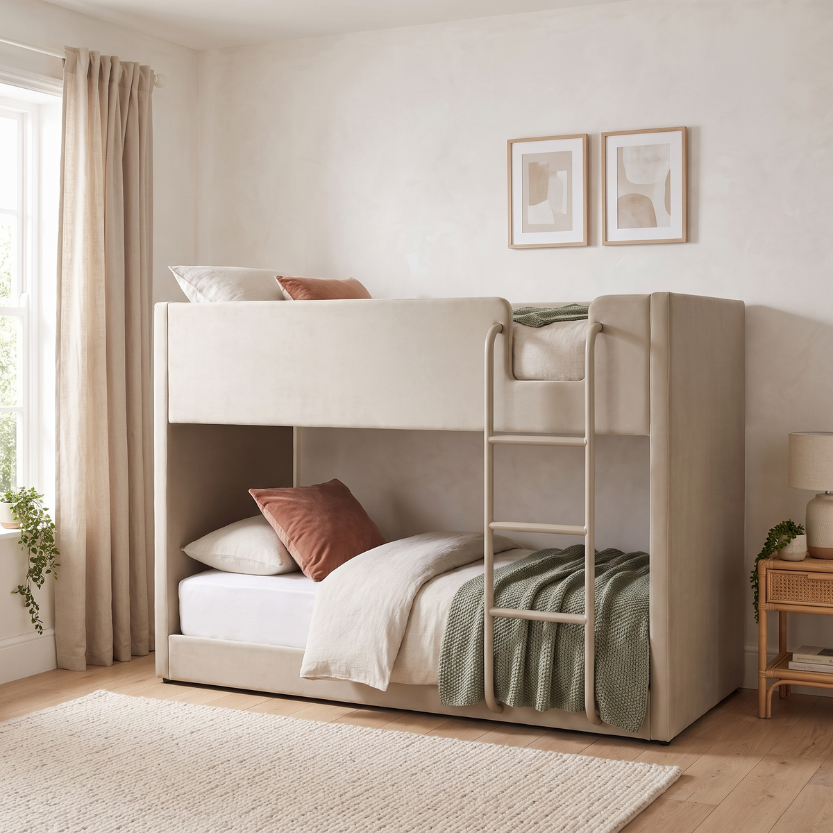 Hadleigh velvet low bunk bed in taupe, front view with the ladder on the right