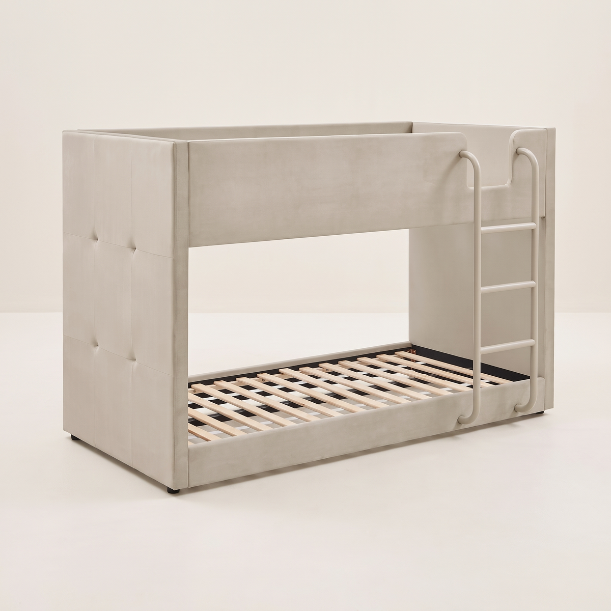 Hadleigh taupe velvet bunk bed on a plain background, showing the slatted bottom bunk