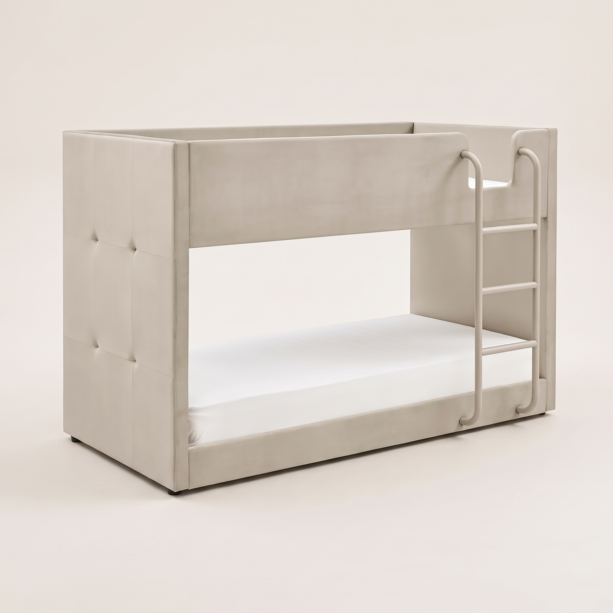 Hadleigh taupe velvet bunk bed on a plain background with a mattress on the bottom bunk