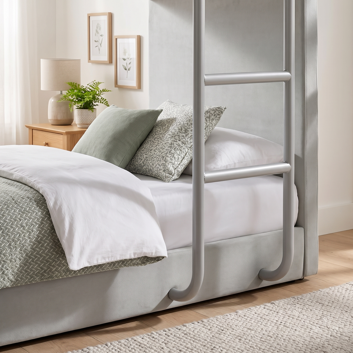 Close-up of the bottom bunk and curved ladder feet on the grey Hadleigh bunk bed
