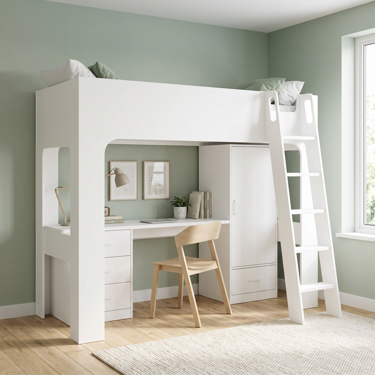 Ullswater high sleeper bed in white with desk, drawers and wardrobe underneath, angled view