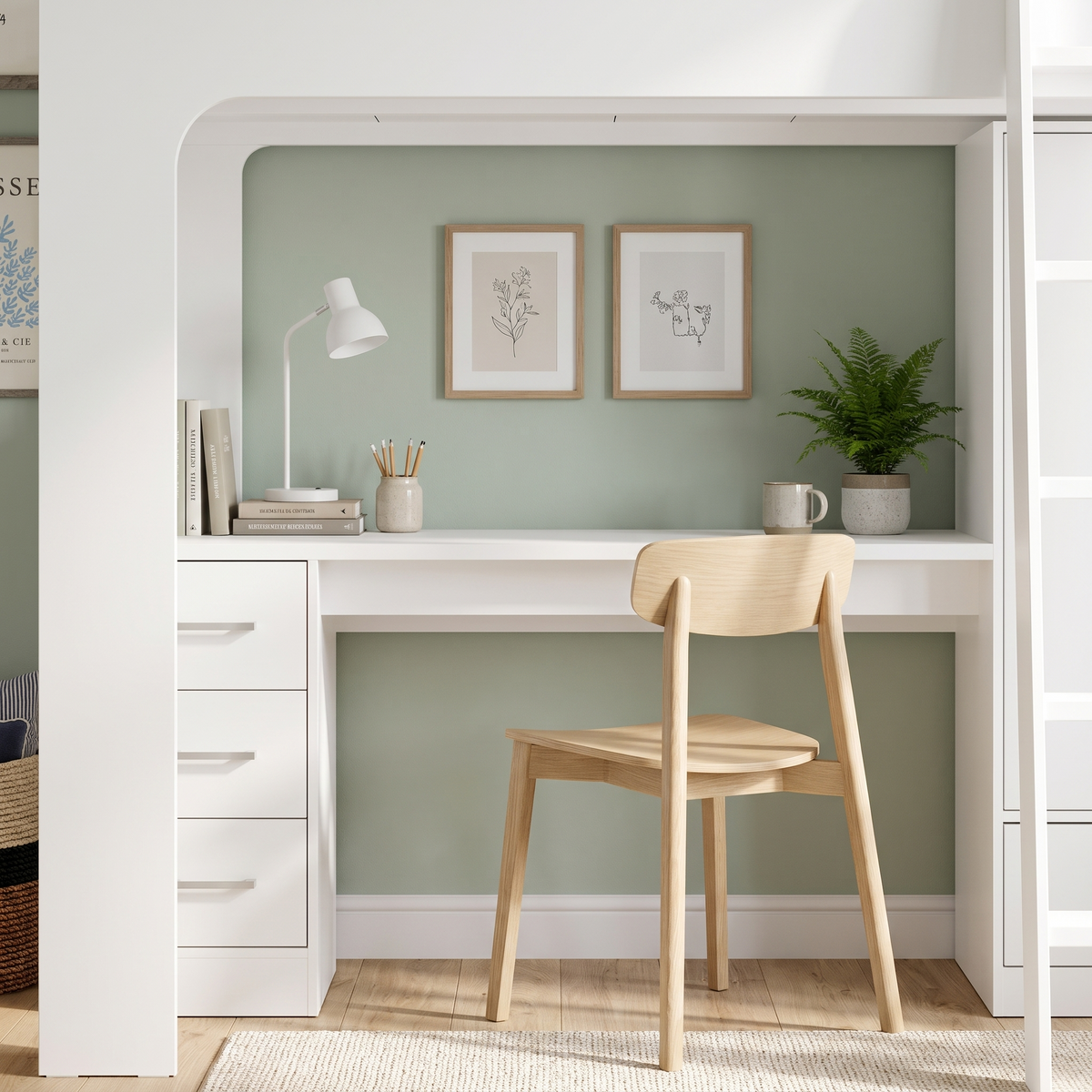 Close-up of the desk and three-drawer pedestal under the white Ullswater high sleeper