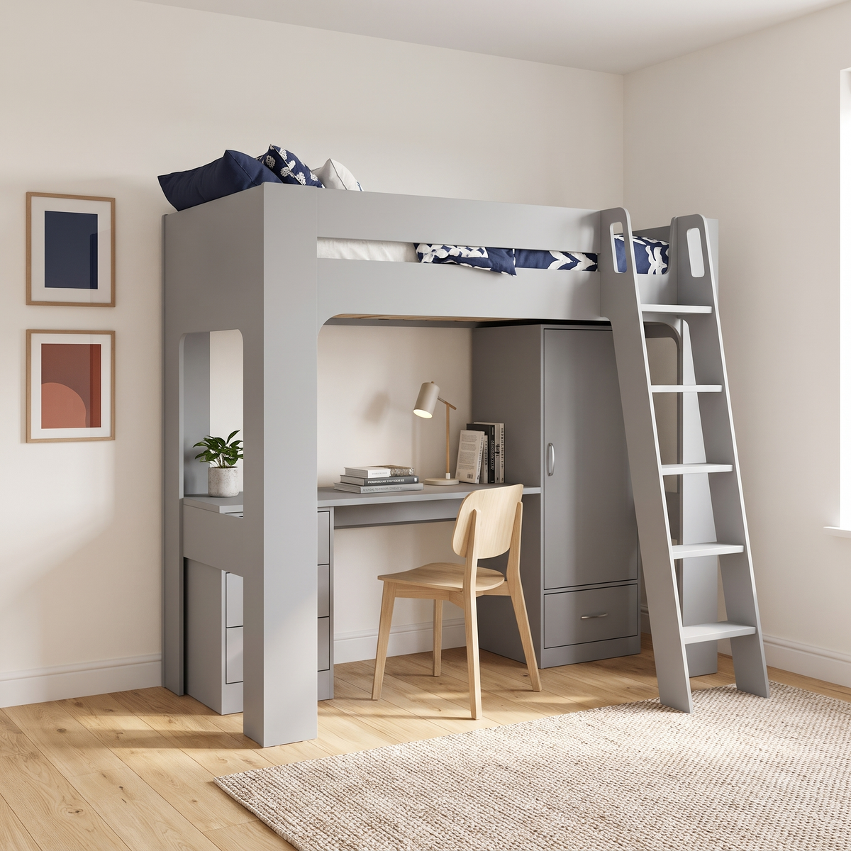Ullswater high sleeper bed in mid grey with desk, drawers and wardrobe underneath, angled view