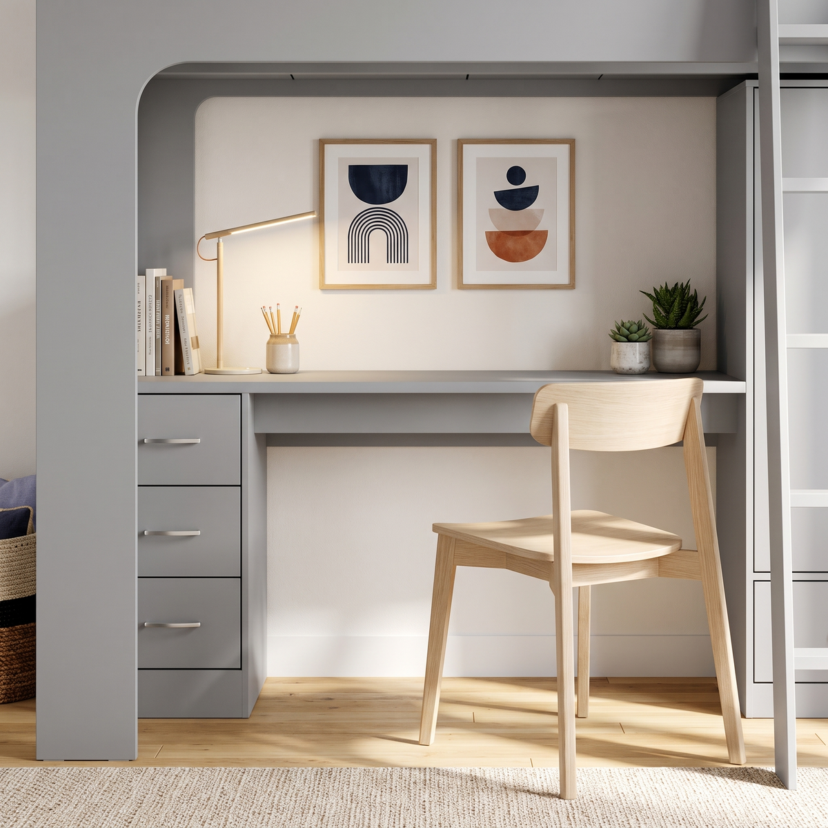 Close-up of the desk and three-drawer pedestal under the mid grey Ullswater high sleeper