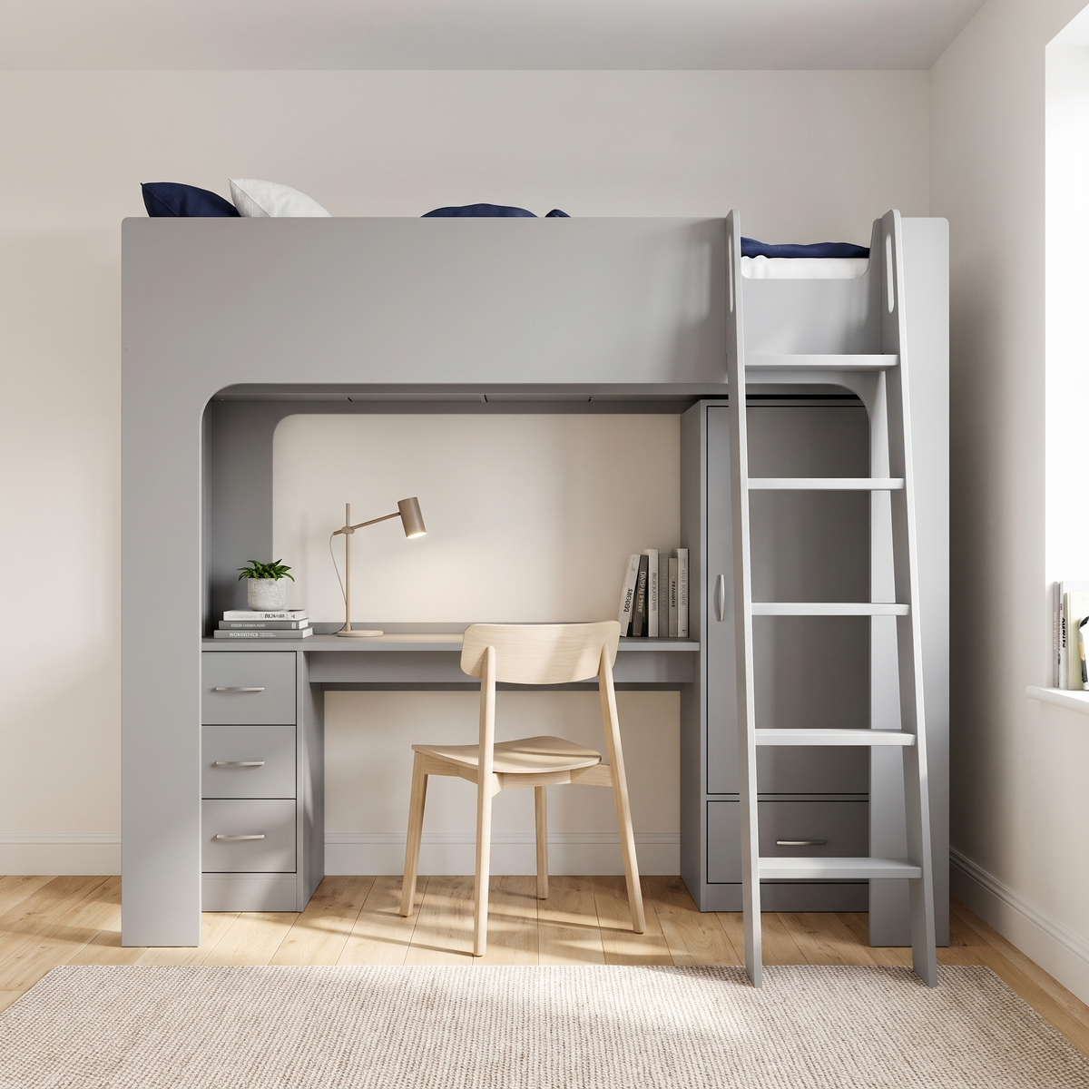 Ullswater high sleeper bed in mid grey, front view with the ladder at the wardrobe end