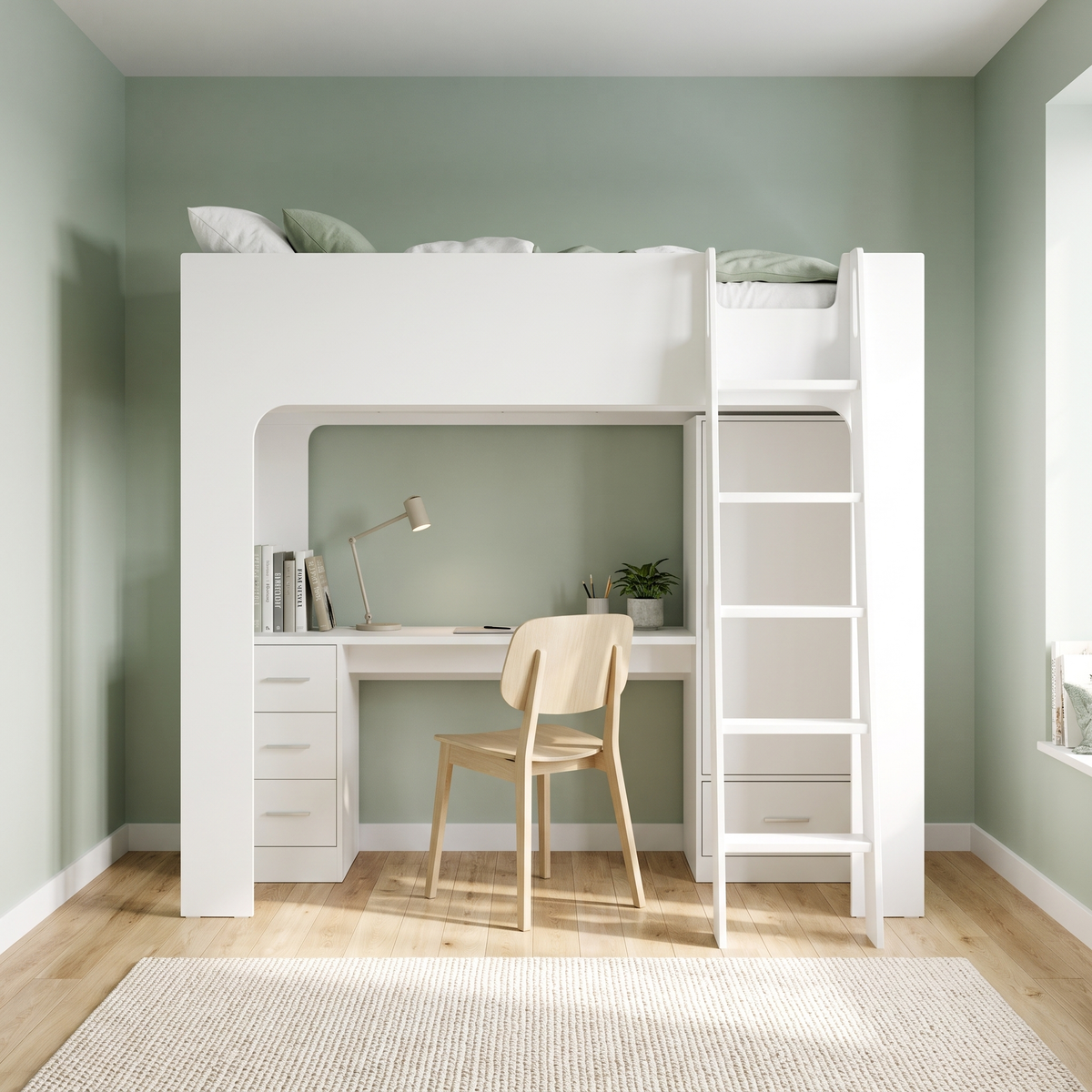 Ullswater high sleeper bed in white, front view with the ladder at the wardrobe end
