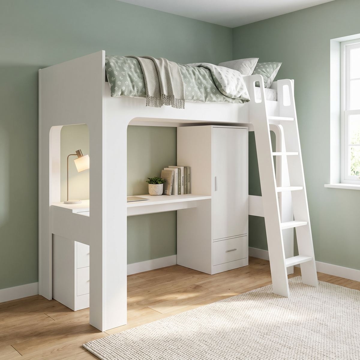 Ullswater high sleeper bed in white from the left-hand end, showing the arched side opening