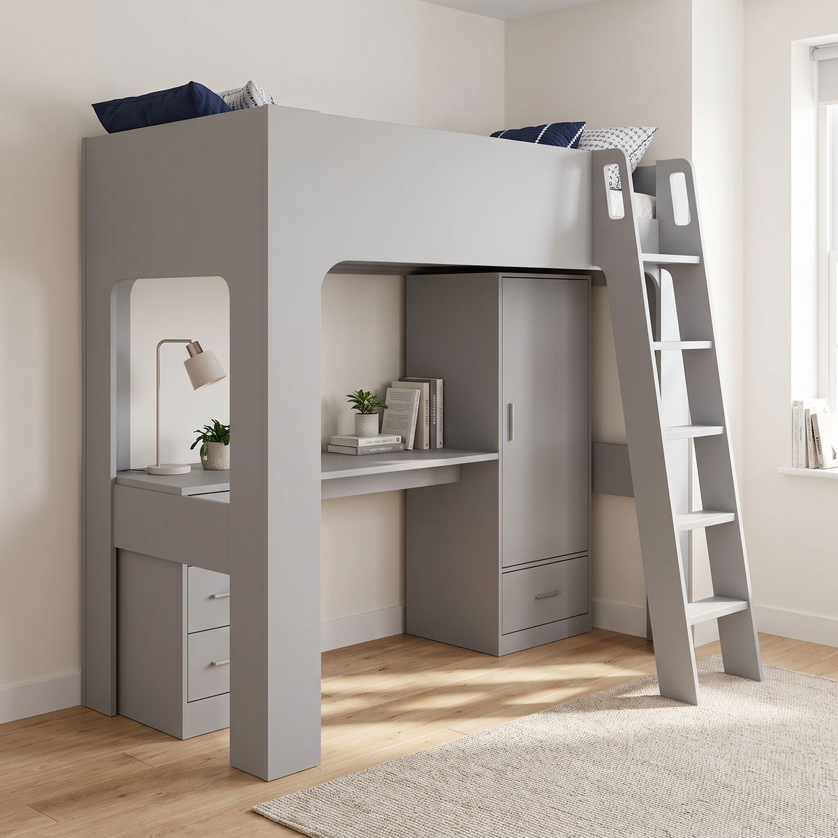 Ullswater high sleeper bed in mid grey from the left-hand end, showing the arched side opening